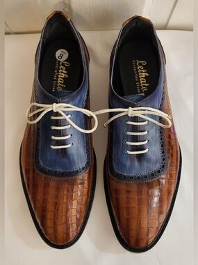 Lethato Two-Tone Brown Croc-Texture and Navy Leather Derby Shoes